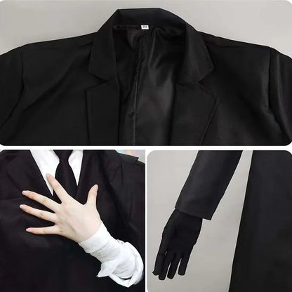 Men Black Suit Outfit Long Trench Coat Vest Shirt Tie Gloves Full Set Halloween Carnival Party Cosplay Costume for Adult Men
