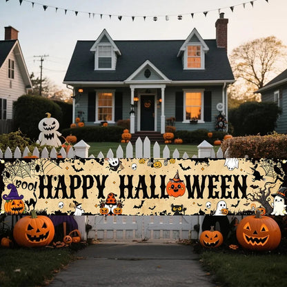 Ghost Halloween Pumpkin Banner Retro Halloween Party Signs Banner Decorations Fence Yard Porch Sign Outdoor Terror Decorations