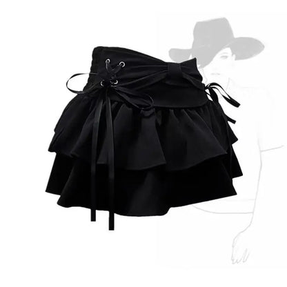 Women Skirts Tiered Ruffles Mini Skirt Cross Charms Built-in Shorts Kawaii Japanese Skort Gothic Punk Y2K Girl Harajuku 90s Sexy