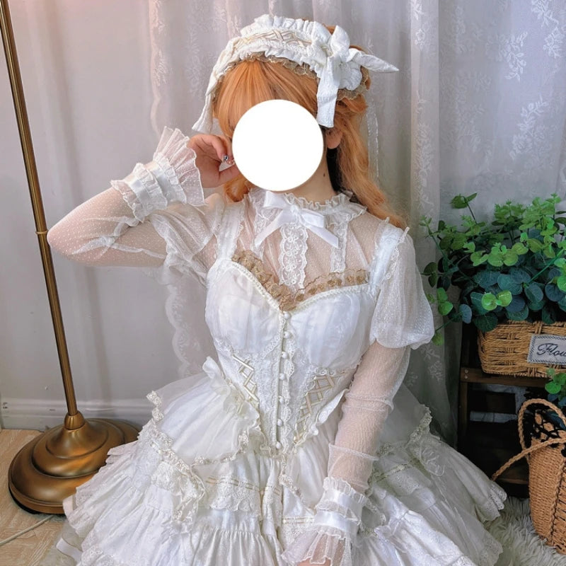 Japanese Victorian Retro Lolita Blouses Women Sweet Bow Roffles Lace Mesh Long Sleeved Shirts Girls Kawaii Loose Jsk Inside Tops