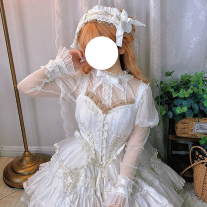 Japanese Victorian Retro Lolita Blouses Women Sweet Bow Roffles Lace Mesh Long Sleeved Shirts Girls Kawaii Loose Jsk Inside Tops