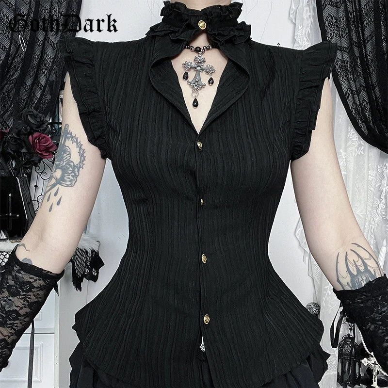 Goth Dark 90s Grunge Single Breasted Slim Wasit Shirt Blouses Women Alt Teachwear Mall Gothic Stringy Selvedge Sleeveless Shirts