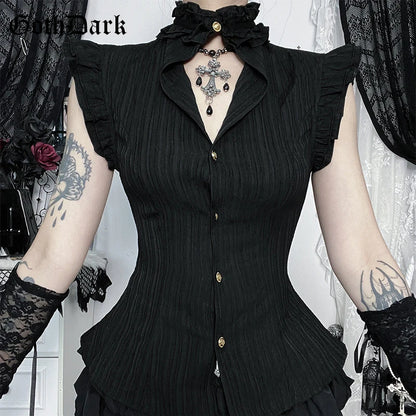 Goth Dark 90s Grunge Single Breasted Slim Wasit Shirt Blouses Women Alt Teachwear Mall Gothic Stringy Selvedge Sleeveless Shirts
