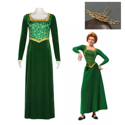 Princess Fiona Cosplay Costume Anime Shrek Wife Green Fiona Cos Dress Wigs Outfit ForLadies Women Long Dress Halloween Headgear