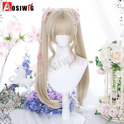 Synthetic Princess Cut Double Ponytail Lolita Wig with Bangs Girl Ombre Blonde Brown White Gray Cosplay Halloween Harajuku Wig