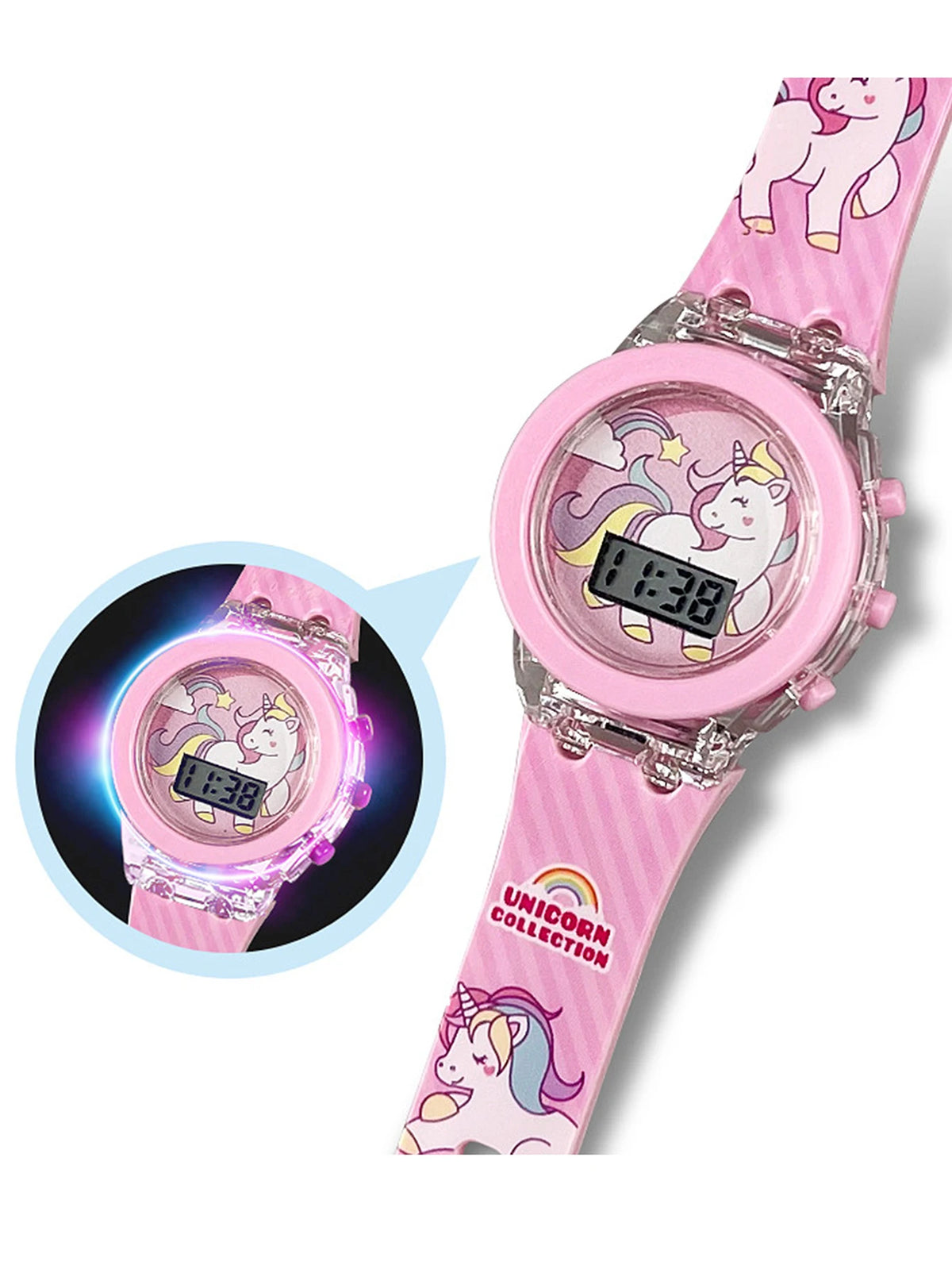 2PCS pink Unicorn silicone children's electronic watch and acrylic unicorn beaded bracelet set as a gift for children