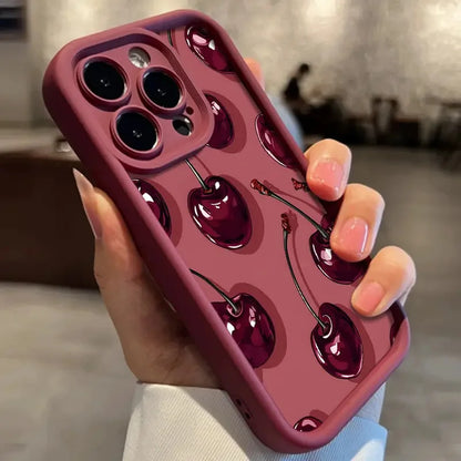 Luxury Wine Red Cherry Print Case for iPhone 18 Pro Max 17 16 15 14 13 12 11 7 8 Plus Air 16e X XR XS Shockproof Silicone Cover