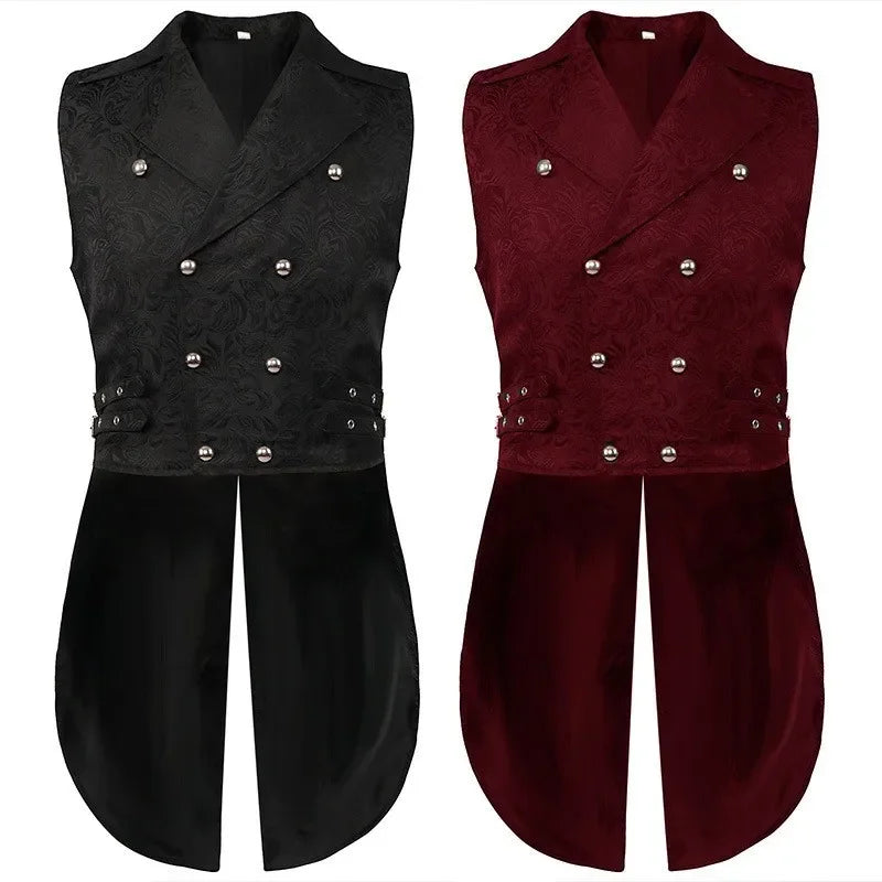 Men Medieval Vest Steampunk Coat Victorian Prom Costume Pleated Waistcoat Retro Top Double-breasted Jacquard Cloth