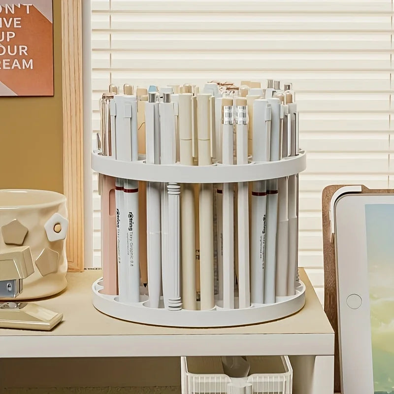 360° Rotating Brush Holder - White Plastic Organizer with Glaze Finish, Space-Saving Design for Art Brushes, Pens, Makeup Tools