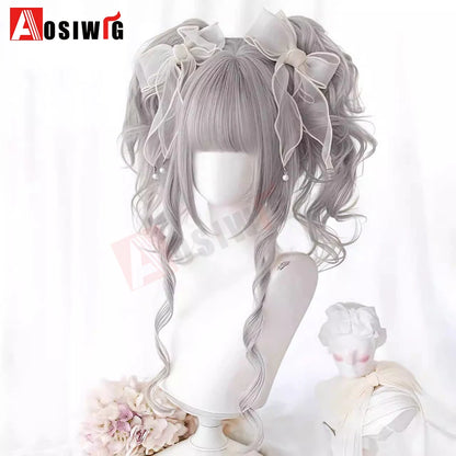 Synthetic Princess Cut Double Ponytail Lolita Wig with Bangs Girl Ombre Blonde Brown White Gray Cosplay Halloween Harajuku Wig