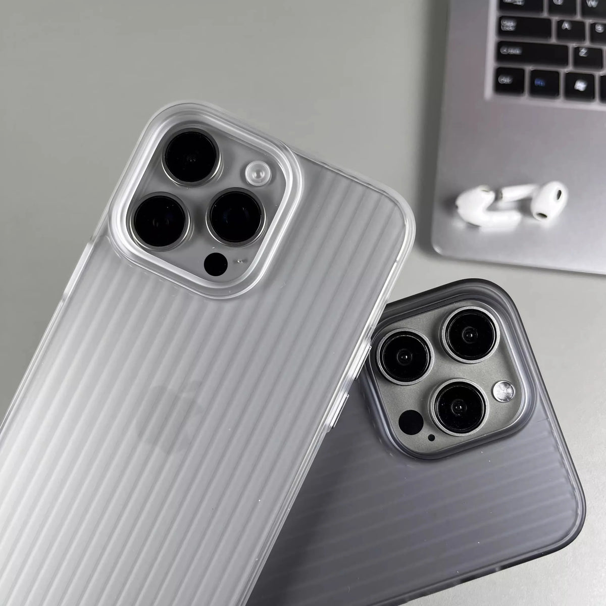 Natural Titanium Grating Stripe Pattern Phone Case for iPhone 16 14 15 13 Pro Max Plus Metal Button Shockproof Hard Armor Cover