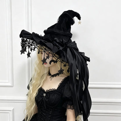 Lace Velvet Witch Hat with Lace Trim and Moon Pendant for Halloween Costume Party Masquerade Cosplay Party Accessory