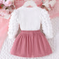 2PCS Winter New Style For 0-3 Year Old Girls, Comfortable Sweet And Cute Bubble Sleeves, Love Chapter Top + Pink Short Skirt Set