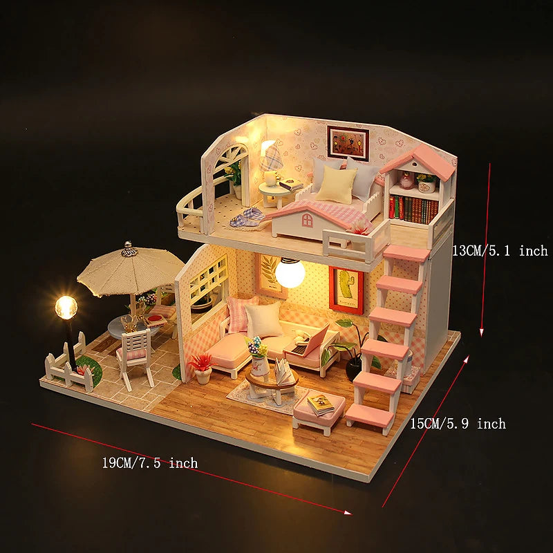 Casa Diy Wooden Miniature Doll House Small House Kit 3D Puzzle Assembly Building Toys With Furniture LED Lights Dollhouse Gifts