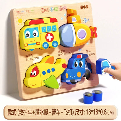 Montessori Wooden 3D Puzzle for Toddlers Animal & Vehicle Shape Matching Blocks Educational Sensory Learning Toy Kids 1-3 Years
