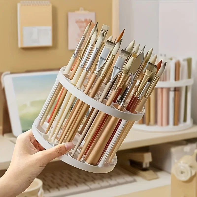 360° Rotating Brush Holder - White Plastic Organizer with Glaze Finish, Space-Saving Design for Art Brushes, Pens, Makeup Tools
