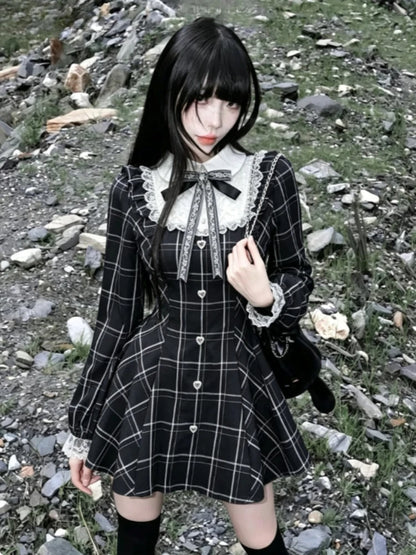 Gothic Vintage Lace Y2k Mini Dress Women Design Streetwear Black Lolita Slim Dress Long Sleeve Elegant Dress Spicy Girls
