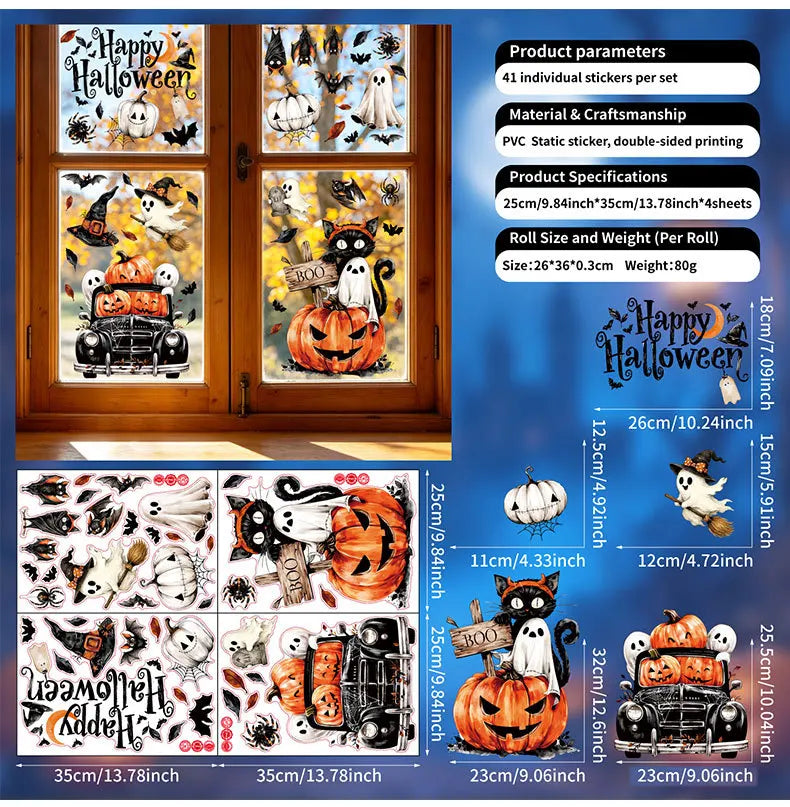 Halloween Window Stickers Combo Set Reusable Static Cling PVC Double Sided Glass Decals for Party Home Decor