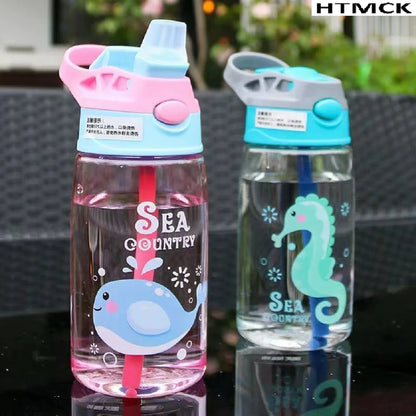 480ML Kids Cartoon Sippy Cup LeakProof Straw Water Bottle Handheld Portable Drinking Vessel for Outdoor Sports Children DailyUse