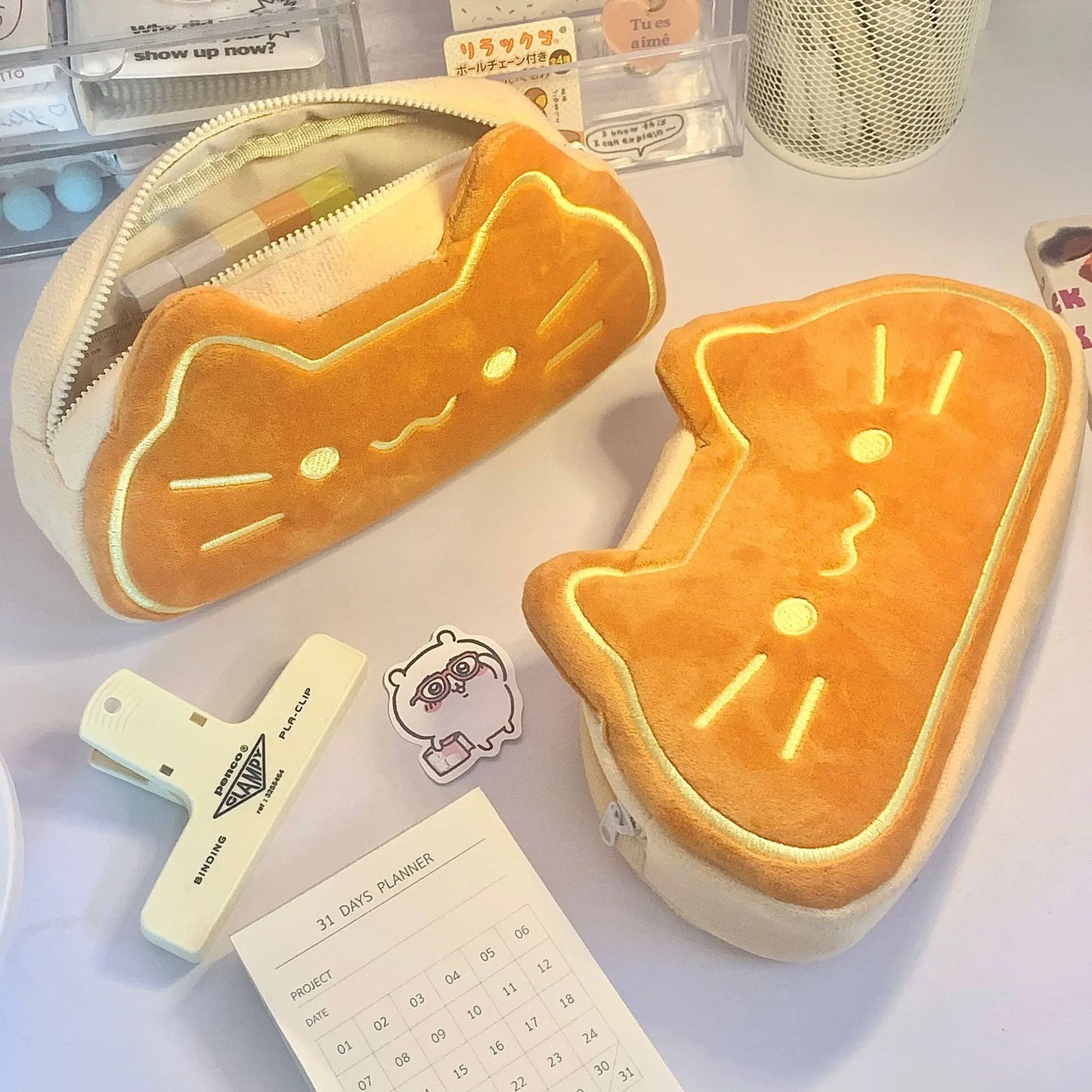 Ins Style Cartoon Pen Case Cute Caramel Cat Pen Bag Large Capacity Lovely Plush Animal Pencil Organizer Case School Supplies 1pc