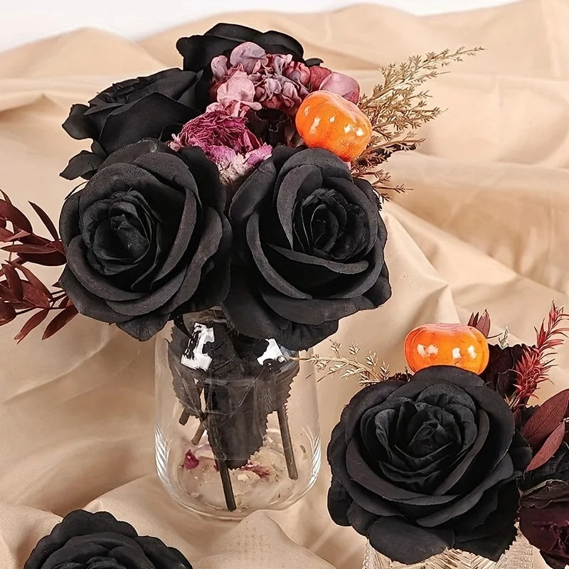 10pcs Artificial Black Roses Fake Flowers, Long Stem, with No Container, for Halloween, Home Decor, Wedding Party, Tabletop