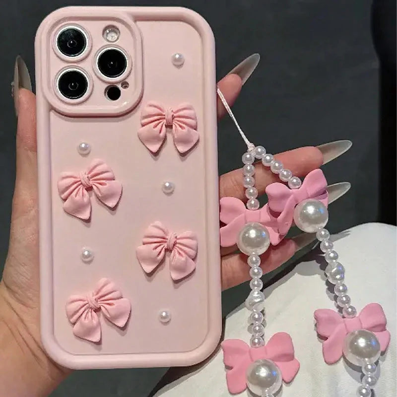 Korean 3D Bowknot Pearl Silicone Phone Case For iPhone 18 16 17 Pro 15 14 13 12 11 Pro Max 16E 7 8 Plus With Lanyard Soft Cover
