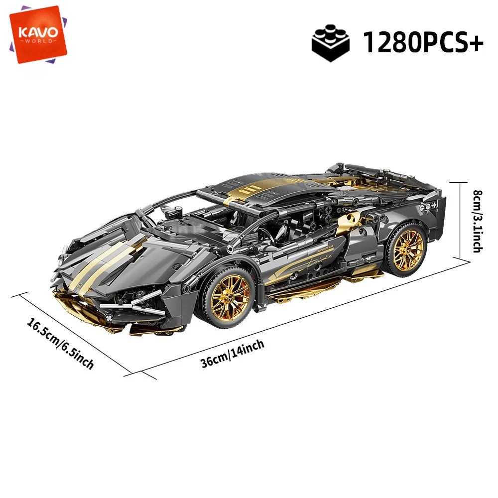KAVOWORLD 1:14 Scale Supercar Building Blocks Set 1280PCS Black Gold Sports City Car Building Toy with Movable Tail Openable Cockpit DIY Construction Model Kit Perfect Birthday Christmas Gifts