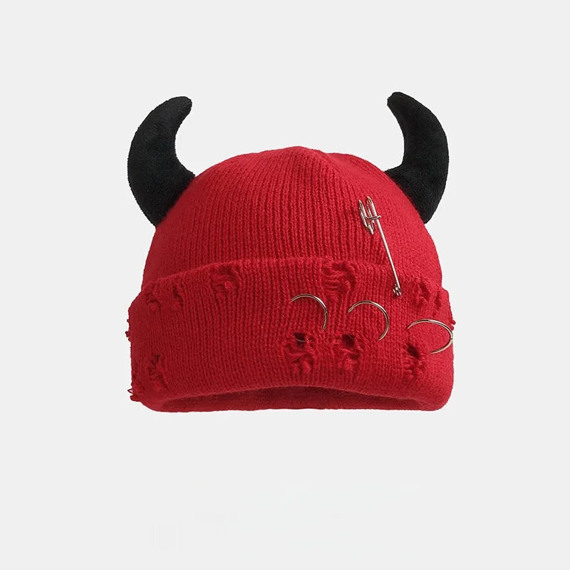 New Unisex Knitted Beanie With Devil Horns Halloween Distressed Skull Cap Hip Hop Winter Warm Yarn Hat For Men Women