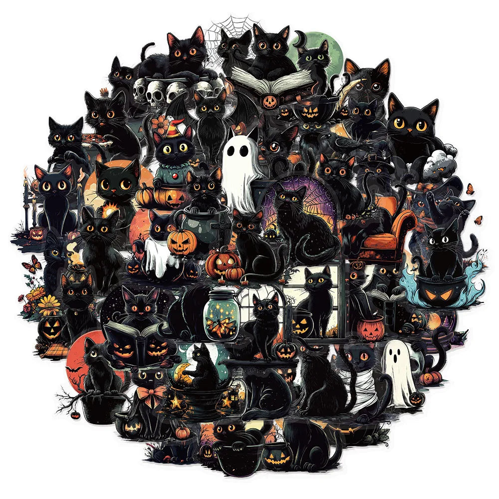 50PCS Halloween Cute Black Cat Creative Graffiti Stickers DIY Luggage Notebook Water Cup PET Waterproof Stickers