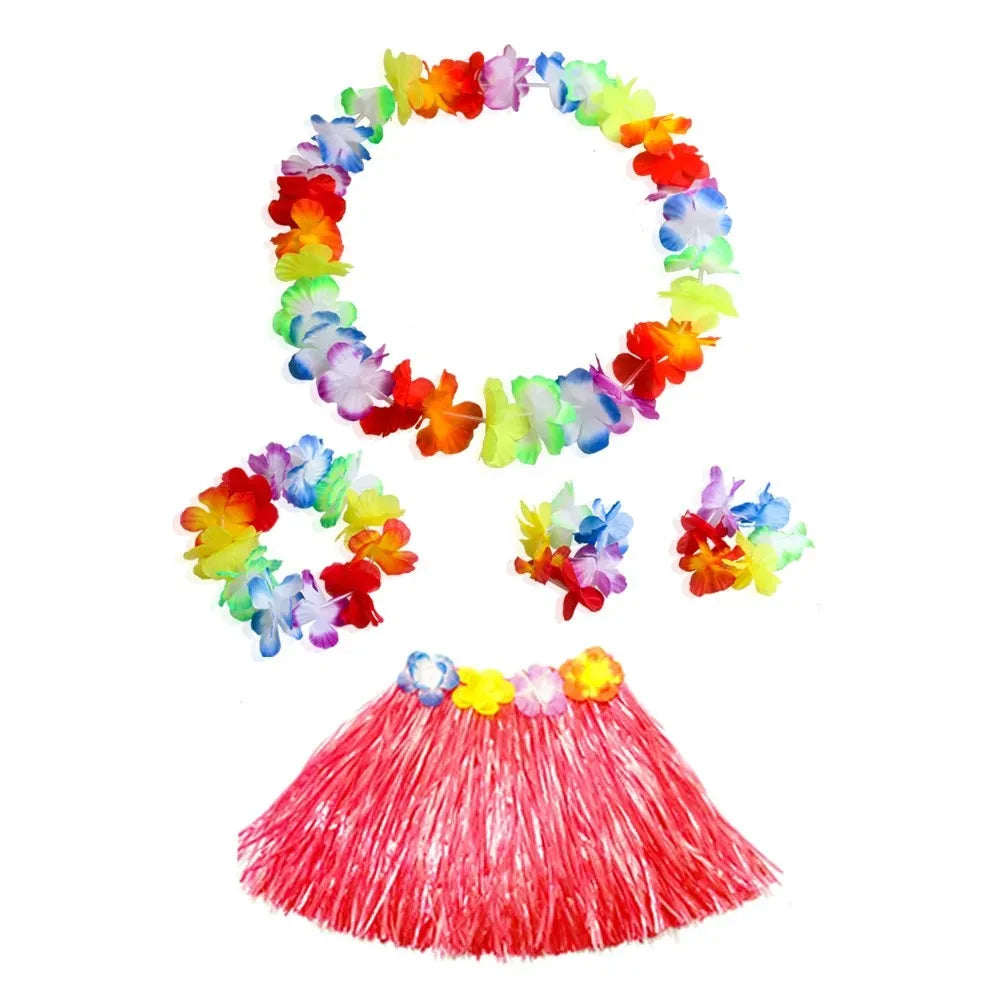 Hawaiian Dance Child Skirt with Leis Costume, Elastic Luau Grass, Hawaiian Flower Bracelets, Headband, Necklace, 40cm, 5pcs 6Pcs