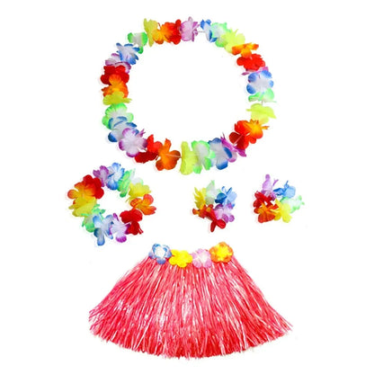 Hawaiian Dance Child Skirt with Leis Costume, Elastic Luau Grass, Hawaiian Flower Bracelets, Headband, Necklace, 40cm, 5pcs 6Pcs