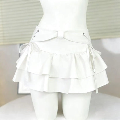 Women Skirts Tiered Ruffles Mini Skirt Cross Charms Built-in Shorts Kawaii Japanese Skort Gothic Punk Y2K Girl Harajuku 90s Sexy