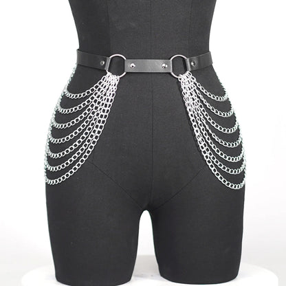 Women Punk Gothic PU Leather Waist‑Thigh Harness Garter Belt, Adjustable Chain Decor Accessory for Rave Festival Halloween Outfi