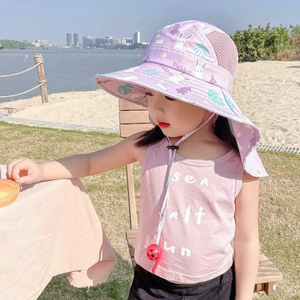 Anti UV Kids Summer Baby Sun Hat Bucket Cap With Whistle For Girls Boys Outdoor Neck Ear Cover Beach Cap