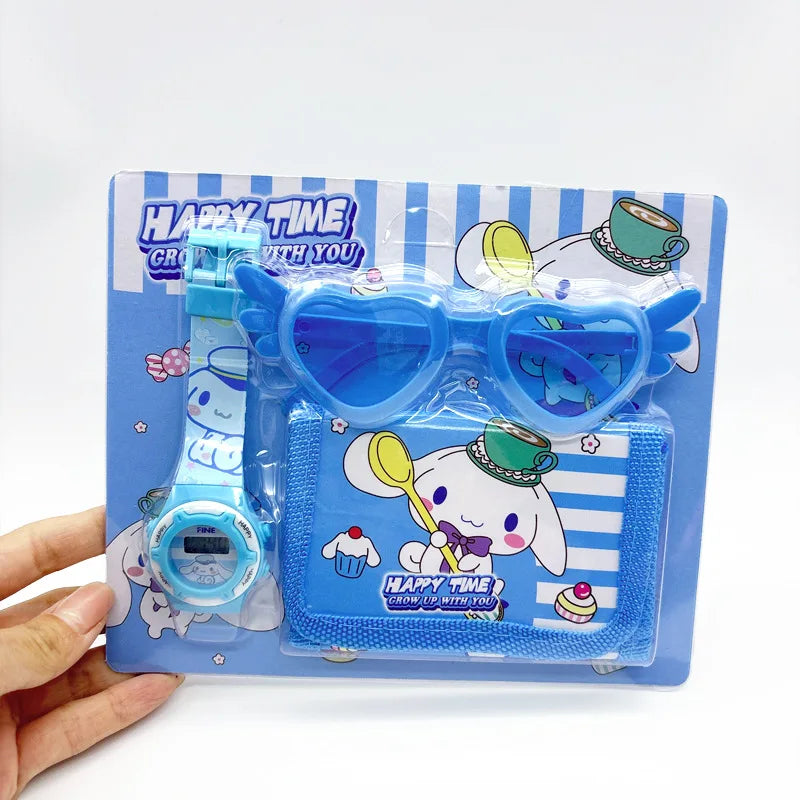 Fashion 3ps Unicorn Hello Kitty Girls Watch Kids with Wallet Glasses Cartoon Spiderman Watch Children Clock Toys set