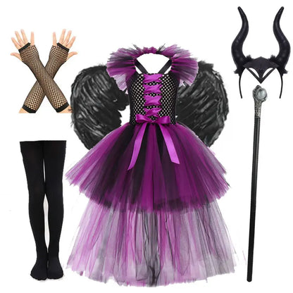 Halloween Girls Deluxe Purple Trailing Mesh Dress Kids Evil Queen Witch Cosplay Costume for Carnival Party Fancy Dress Up