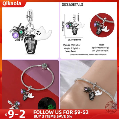 New in 925 Silver Halloween Collection Charm Glowing skull Beads Fit pand 3mm Bracelet DIY Pendant Woman Jewelry 2024 Hot Sale
