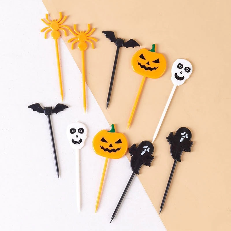 10PCS Plastic Halloween Toothpicks Halloween Cupcake Topper Ghost Bat Spider Fruit Toothpicks Halloween Party Cake Decorations