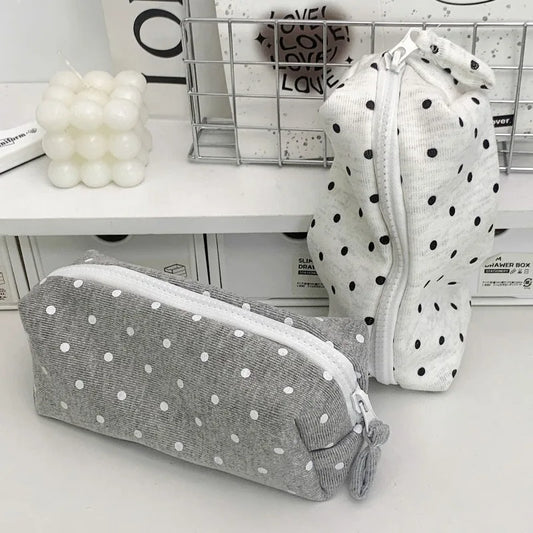 Portable Fabric Pencil Bag for Students Ins Korean Style Dot Pencil Case Large Capacity Fashion Stationery Organizer Makeup Bag