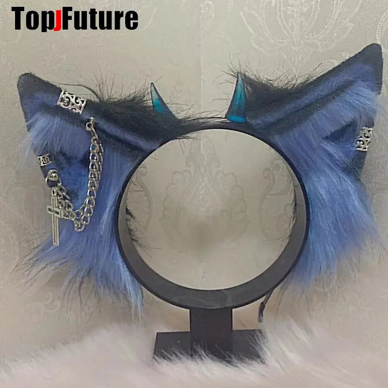 Harajuku Halloween Gothic Punk Lolita Devil's Horn Wolf Ear Demon Cosplay Handcraft Anime Party Costume Hairband Punk Headband