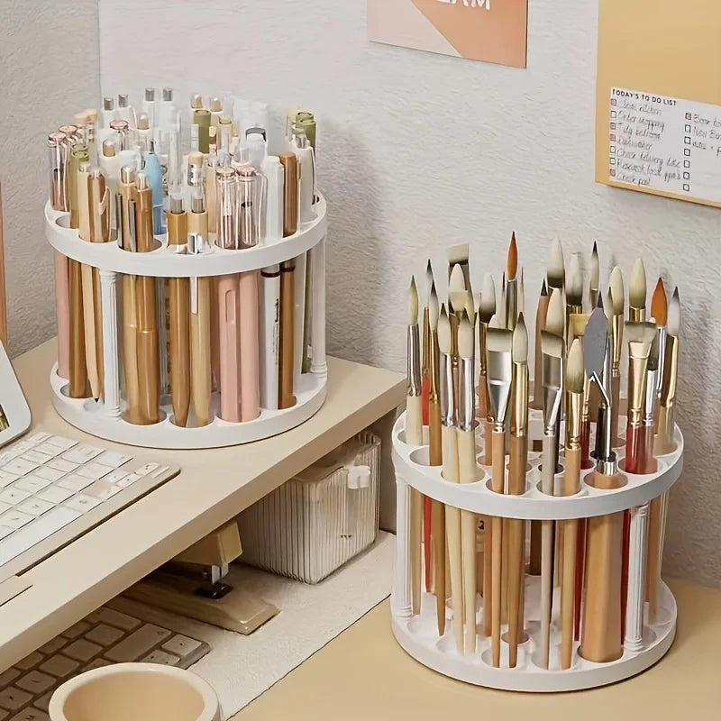360° Rotating Brush Holder - White Plastic Organizer with Glaze Finish, Space-Saving Design for Art Brushes, Pens, Makeup Tools
