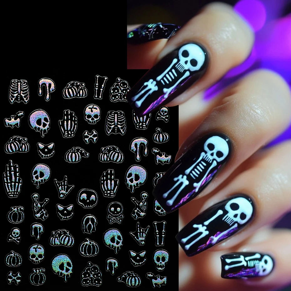 4 pcs 5D Embossed Gothic Skeleton Bones Nail Decals Horror Pumpkin Evil Smile Nail Stickers Y2K Halloween Carnival Nail Supplies