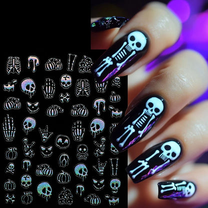 4 pcs 5D Embossed Gothic Skeleton Bones Nail Decals Horror Pumpkin Evil Smile Nail Stickers Y2K Halloween Carnival Nail Supplies