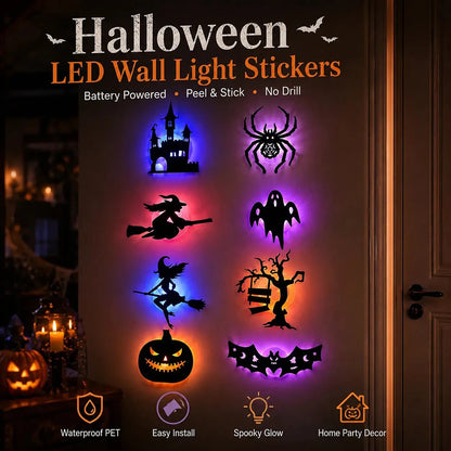8pcs Halloween LED-Silhouette Wall Light Stickers Glow-In-The-Dark Bats Spiders Wall Decor Spookys Pumpkins Spiders Tree Decor