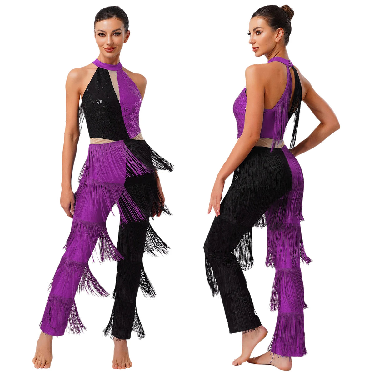 Women 70-80s Disco Latin Jazz Dance Cha-cha Bodysuit Shiny Sequin Tassel Jumpsuit Halloween Carnival Cosplay Performance Costume