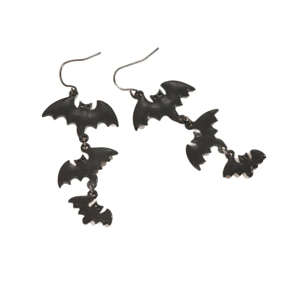 Cool Gothic Punk Style Black Three Bat Earrings Trend Exaggerated Personality Halloween Ear Hook Accessories for Women Man