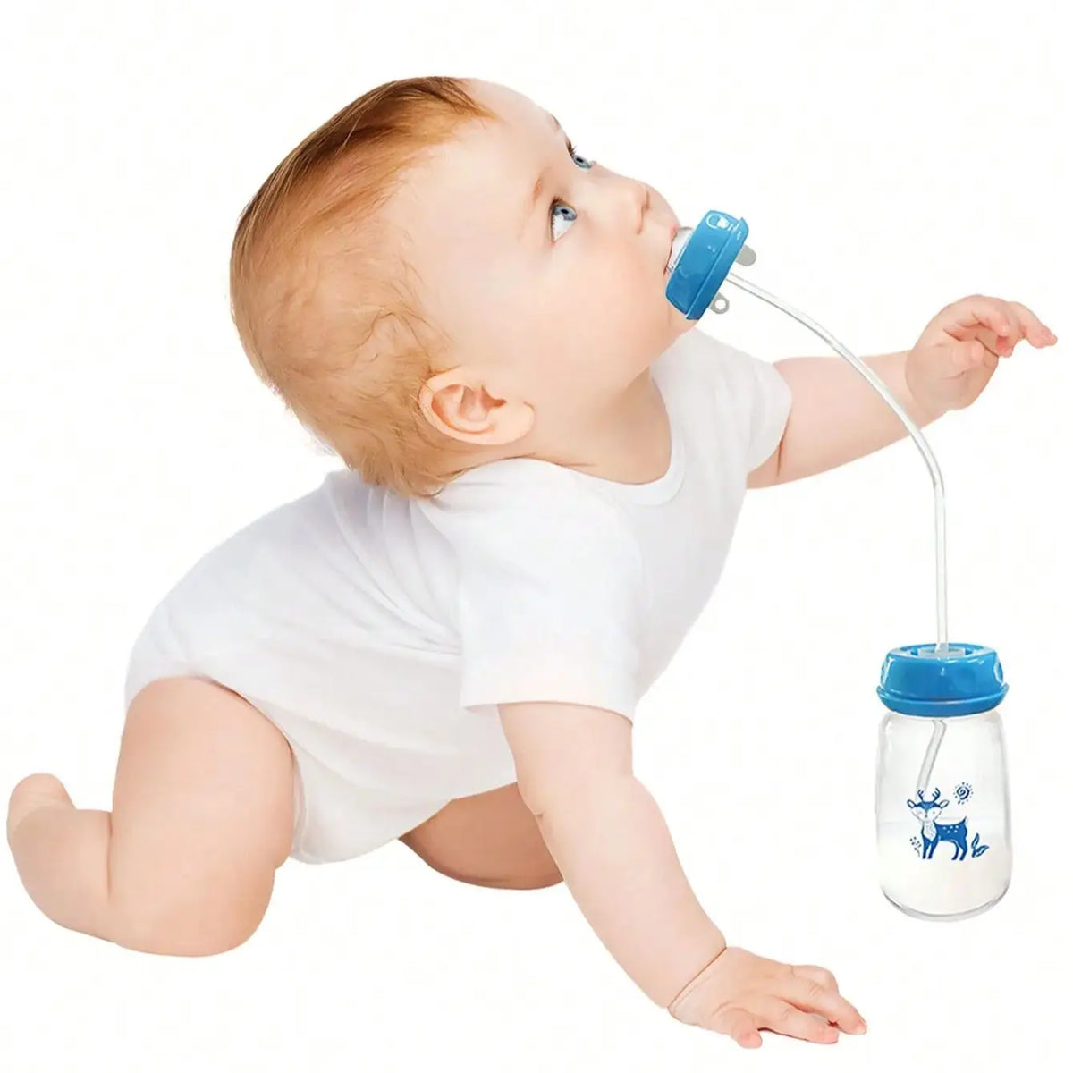 1pc 5oz/150ml Hands-Free PP Feeding Bottle with Straw Brush, Self-Feeding Normal-Neck Baby Bottle Set.