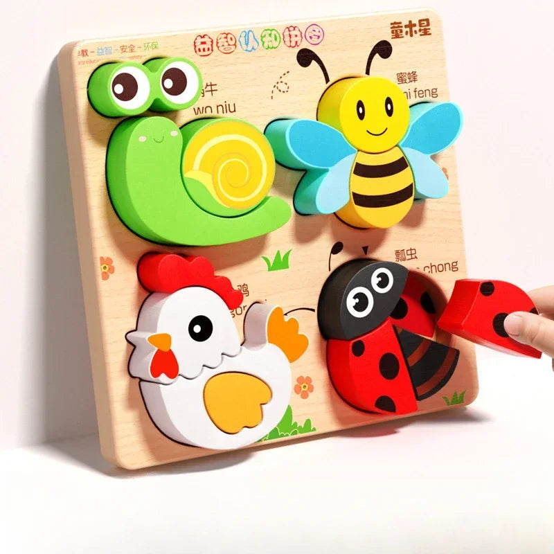 Montessori Cartoon 3D Wooden Puzzle Animal Traffic Jigsaw Toys for Kids Early Learning Educational Cognitive Game Children Gifts