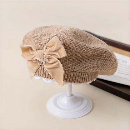 Autumn Winter Baby Girls Warm Bowknot Knitted Hats Children Beret Beanie Hat Solid Hat Soft Comfortable Kids Bonnet For 2-8Years