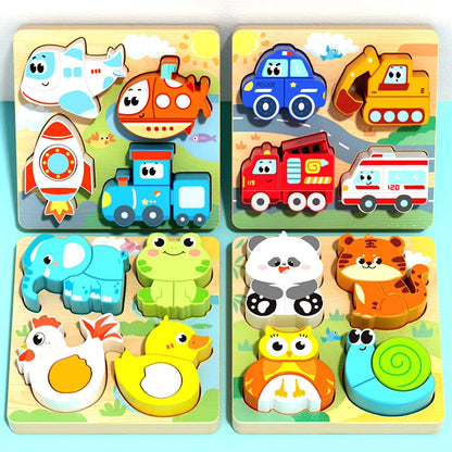 Montessori Wooden 3D Puzzle for Toddlers Animal & Vehicle Shape Matching Blocks Educational Sensory Learning Toy Kids 1-3 Years